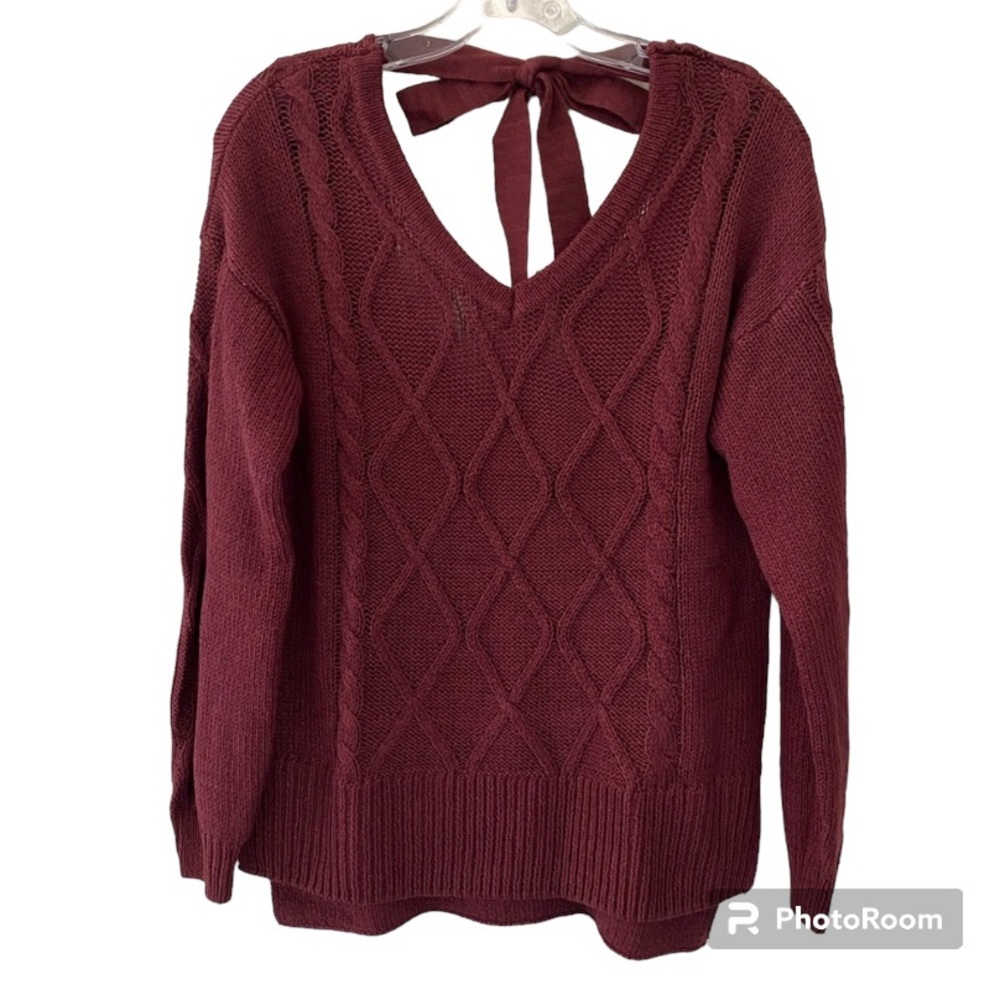 Cupcake Clothing Ltd. Burgundy V-Neck Cable Sweater With Tie Back NWT Si…